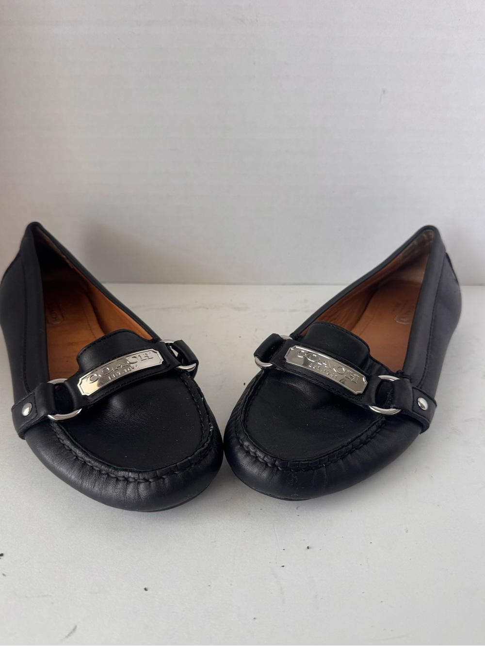 Coach Felisha Black Leather Driver Loafer Moccasin Shoes Silver Logo 6B